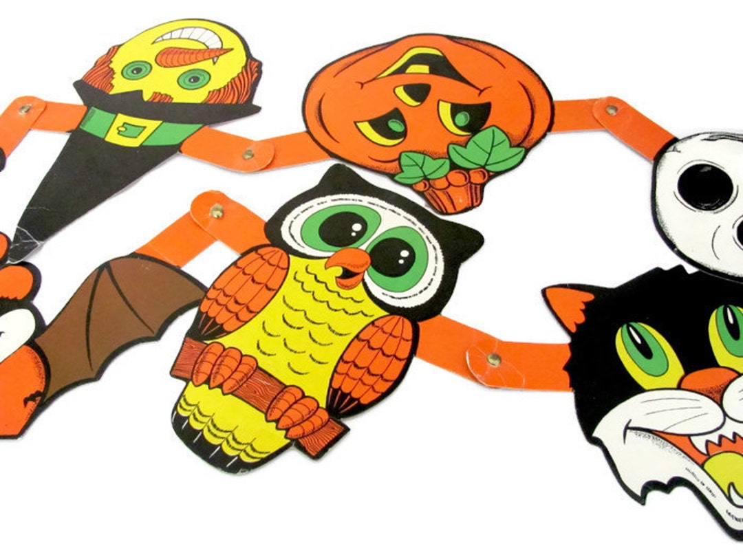 Vintage Halloween Decor, 1960s Halloween Banner, Vintage Black Cat, Owl