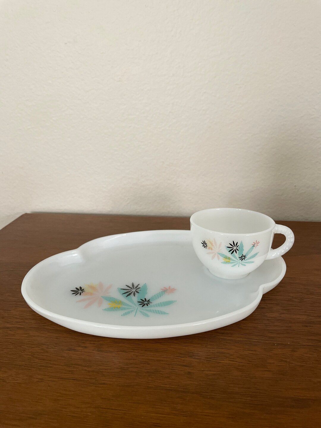 Vintage Milk Glass Snack Plate and Cup, 1950's Federal Glass White Snack Set, Pink and Aqua Blue