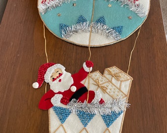 Vintage Christmas Card Holder 1960's Bucilla Jeweled Santa's Mail Bag, Santa Hot Air Balloon Felt Wall Hanging, Kit 1534, Christmas Decor