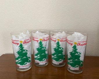 Vintage Christmas Glasses, 1970's Christmas Tree, Merry Christmas Drinking Glass Set, Red and Green, 1970's Christmas Decor, Mid Century