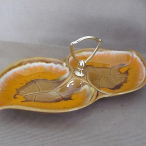 Vintage Orange Leaf Dish, 1950&#39;s Santa Anita Ware, California Pottery Orange, Brown Leaf Dish, Divided Dish, Candy Dish, Mid Century Decor