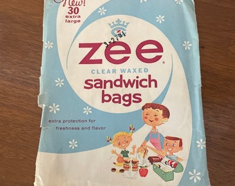 Vintage NOS Sandwich Bags, 1960's Zee Wax Paper Sandwich Bags, Original Package, Set of 30, 1960's, Mid Century Kitchen Decor