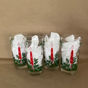 Vintage Christmas Glasses, 1960's Candle, Holly Leaf Drinking Glass Set, Tumblers, Red and Green, 1960's Christmas Decor, Mid Century