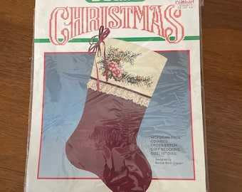 Vintage Christmas Cross Stitch Stocking Kit, 2000's Bucilla Christmas Victorian Rose, Kit 82511 NOS Christmas Stocking Kit