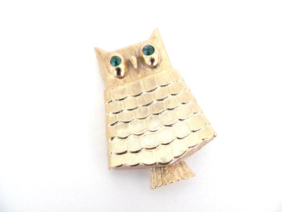 Vintage Owl Brooch 1970 s Avon Perfume Owl Brooch Green Eyed Owl
