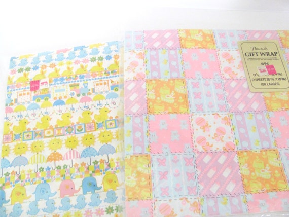 Vintage Wrapping Paper, 1970's Baby Shower Gift Wrap Lot, Vintage Baby Wrapping Paper, Baby Gift