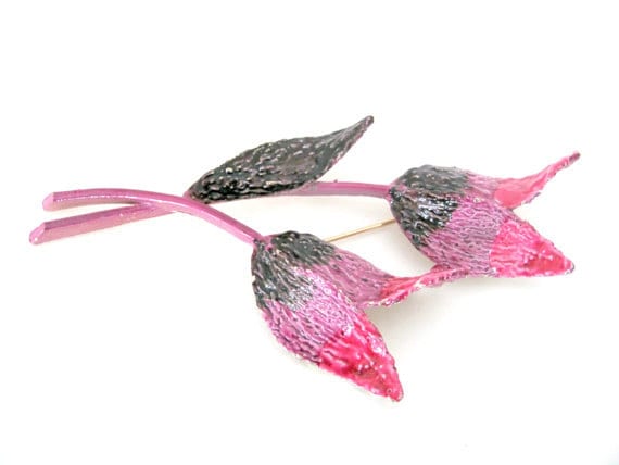 Pink Floral Enamel Brooch Pin Vintage 1960\'s Vintage Flower Brooch Pin 3 In Neon Pink Enamel Gold Retro  main image 3