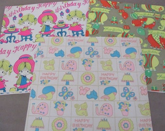 Vintage Birthday Wrapping Paper, 1960's Kid's Birthday Gift Wrap Lot, Vintage Birthday Paper, Juvenile Wrapping Paper, Mod Paper