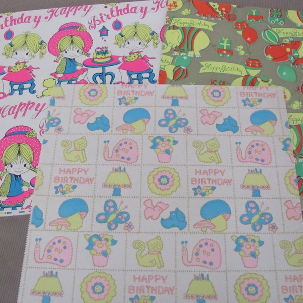 Vintage Birthday Wrapping Paper, 1960's Kid's Birthday Gift Wrap Lot, Vintage Birthday Paper, Juvenile Wrapping Paper, Mod Paper