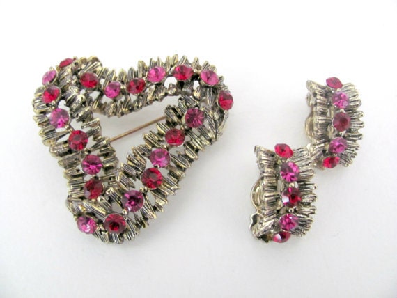 Vintage Rhinestone Brooch, Earring Set, 1970's Pi… - image 2