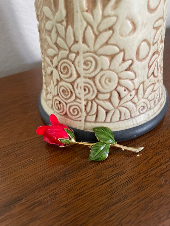 Vintage Rose Flower Brooch, 1970's Red Rose Enamel