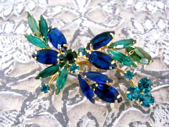 Vintage Blue, Green Brooch - 1960's Blue, Green R… - image 2