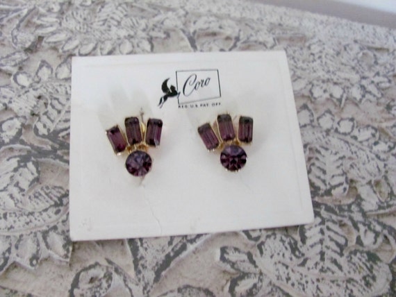 Vintage Purple Earrings, 1960's Coro Purple Rhine… - image 2
