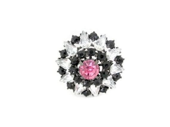 Vintage Rhinestone Brooch, 1970's Pink, Black Bro… - image 1