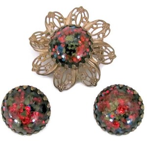 Vintage Red Brooch, Earrings Set, 1960&#39;s Lucite Flower Brooch, Pin, Clip On Earrings, Red Lucite Flower, 1960&#39;s Brooch, Earrings