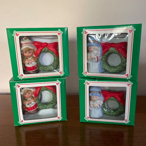 Vintage Porcelain Christmas Napkin Rings, 1990's Jasco Lil Chimers Drummer Boy, Shepherd, Bell Napkin Rings, 1990's Christmas Decor