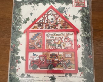 Vintage Christmas Cross Stitch Hutch Kit, 1990's Bucilla Santa's Workshop House, Kit 83238, NOS, Cross Stitch Picture with Frame Kit