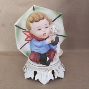 Vintage Boy With Umbrella Nightlight, Lamp, 1960&#39;s Aladdin Giftware Ceramic Boy and Dog Lamp, 1960&#39;s, Mid Century Decor