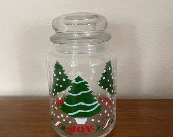 Vintage Christmas Canister, Anchor Hocking Glass Canister, Candy, Glass Covered Christmas Jar, Christmas Decor, Decoration