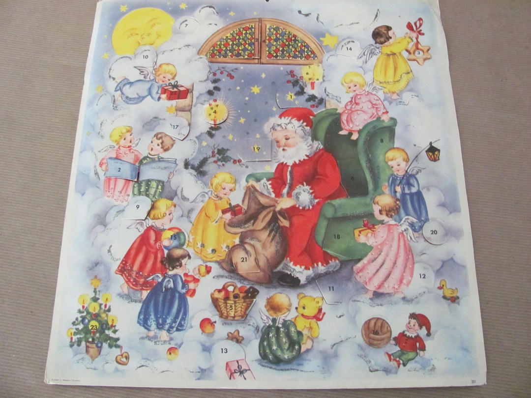 Vintage Christmas Advent Calendar, 1950's Santa Paper Advent Calender