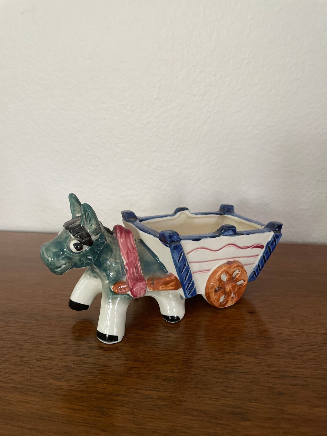 Vintage Donkey Planter, 1950's Donkey Pulling Cart Planter, Occupied Japan, 1950's, Mid Century