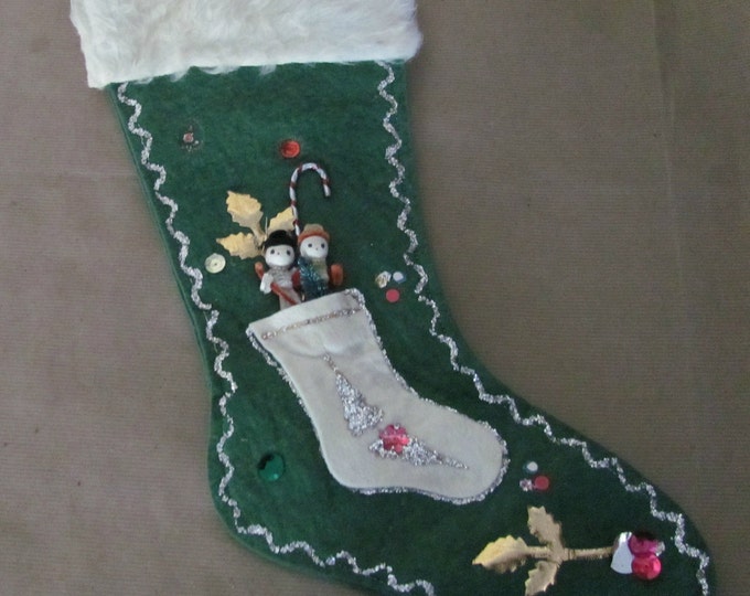 Vintage Christmas Stocking 1960's Green Felt Christmas Etsy