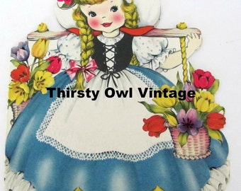 Digital Download, Vintage Girl with Tulips, 1950's Dutch Girl Card Image, Dutch Girl, Wooden Shoes Image, Printable Image, Scrapbooking