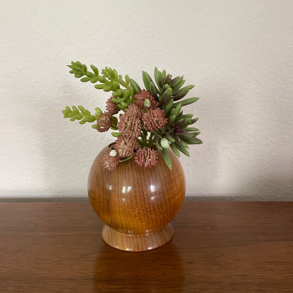 Vintage Wood Ball Vase, 1970's Myrtlewood Ball Vase With Glass Insert, 1970's, Mid Century Decor