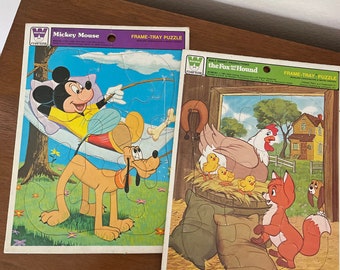 Vintage Disney Jigsaw Puzzles, 1980's Whitman Mickey Mouse and The Fox and The Hound Frame Tray Puzzles, Walt Disney Productions