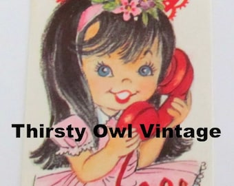 Digital Download, Vintage Brunette Girl Valentine, 1960&#39;s Valentines Card, Valentine&#39;s Day, Girl on Phone Printable Image, Scrapbooking