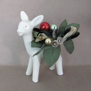 Upcycled Vintage Christmas Decoration, 1960's Ceramic Deer Planter, Vintage Corsage, Kitsch, Christmas Decor, Mid Century
