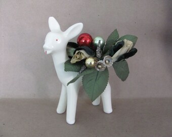 Upcycled Vintage Christmas Decoration, 1960's Ceramic Deer Planter, Vintage Corsage, Kitsch, Christmas Decor, Mid Century