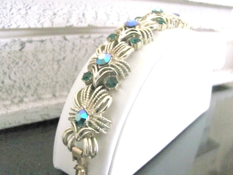 Vintage Green Rhinestone Bracelet, 1960's Coro Gold Bracelet, Emerald Green Bracelet, 1960's Bracelet image 2