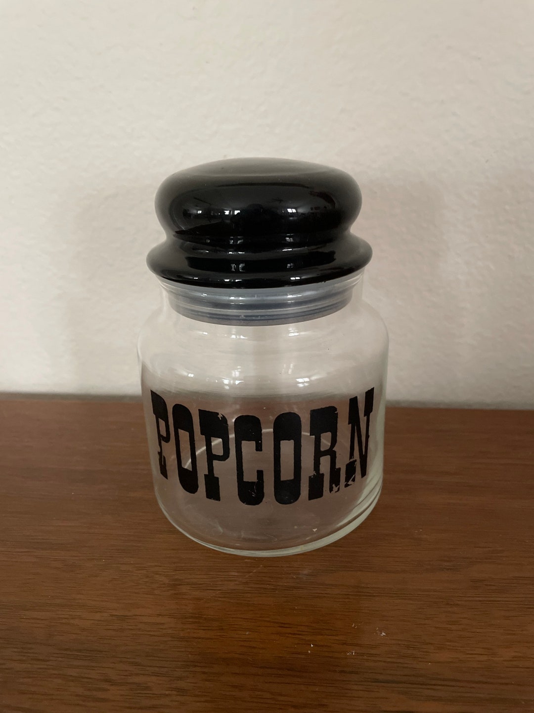 Vintage Popcorn Canister, Jar, 1970's Glass Popcorn Kernel Jar
