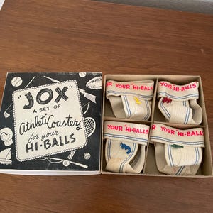 May include: A set of vintage "JOX" athletic coasters for your "HI-BALLS". The coasters are shaped like athletic supporters and are in a cardboard box. Each coaster has the words "YOUR HI-BALLS" printed on them.