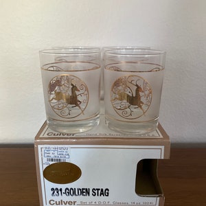 Vintage Christmas Glasses, 1980's Culver Golden Stag Glass Set, 22k Gold Frosted Reindeer Glasses, 1980's Christmas Decor