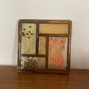 May include: A square, brown-framed resin coaster with a variety of dried flowers and seeds pressed inside. The coaster has six compartments, each filled with a different type of dried plant material.