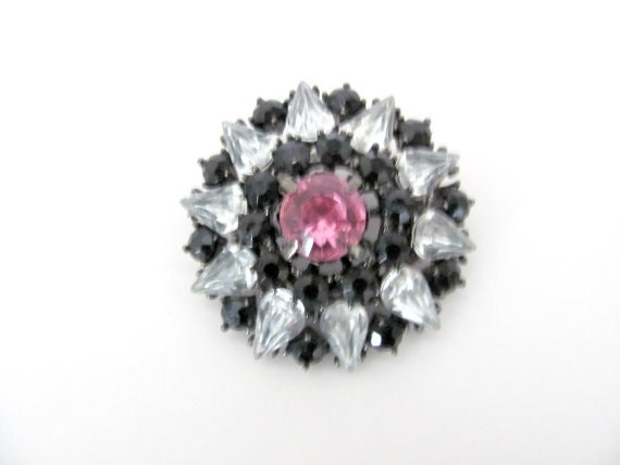 Vintage Rhinestone Brooch, 1970's Pink, Black Bro… - image 2