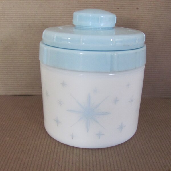 Vintage Milk Glass Jar, 1950's Blue Face Cream, Cold Cream Jar, Atomic, Starburst, Blue Bathroom, NOS, Mid Century Decor