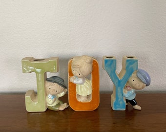 Vintage JOY Wall Pockets, Vases, 1970's UCTCI Stoneware JOY Letter Wall Pockets, Plaques, Made In Japan, 1970's, Mid Century Decor