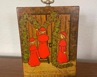 Vintage Christmas Picture, 1980's Wood Decoupage Christmas Plaque, 1980's Christmas Decor, Wall Hanging