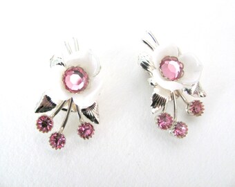 Vintage Flower Earrings, 1960's Clip On Earrings, Pink Rhinestone, White Flower Earrings