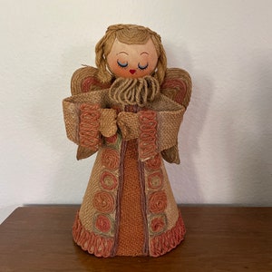 Vintage Christmas Tree Topper, 1970&#39;s Angel Tree Topper, Figurine, Burlap, Rustic Angel, 1970&#39;s Retro Christmas, Holiday Decoration