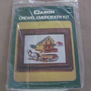 Vintage Crewel Kit, 1970's Caron Crewel Kit, NOS Crewel Picture Kit, Farm, Wagon Stop Picture, 1970's Decor, Vintage Crafts