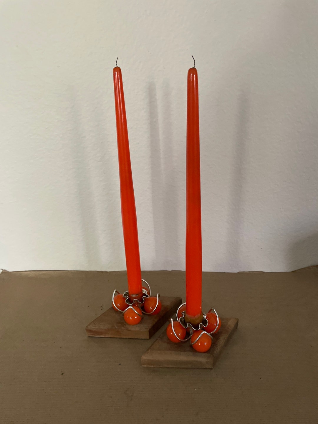 Vintage Mid Century Lucite Candles and Holders, 1960's Orange Lucite