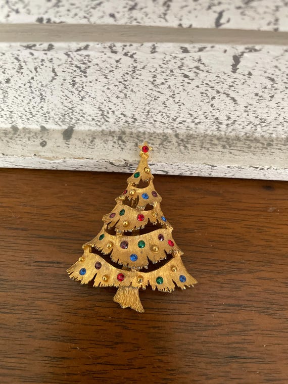 Vintage Christmas Tree Brooch, 1960's JJ Christmas Tree Brooch