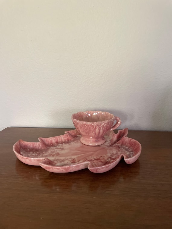 Vintage Pink Leaf Snack Plate and Cup, 1950's Cal-Eramics By GSSE Ceramic Snack Set, Pink Ceramic Plate and Cup, 1950's, Mid Century Decor