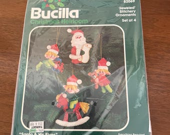 Vintage Bucilla Ornament Kit, 1990s Bucilla Jeweled Santa and His Elves Felt Ornaments, NOS Felt Kit 82069