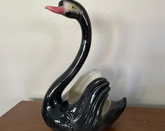 Vintage Swan Planter, 1960's Ceramic Black Swan Planter, Black Swan Figurine, Made In USA, 1960's, Mid Century Decor