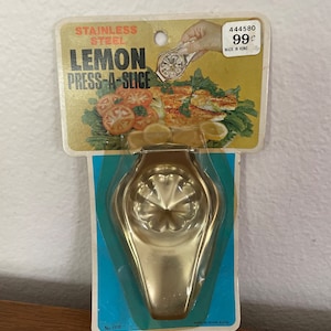 Vintage NOS Lemon Juicer, 1960&#39;s Lemon Press A Slice, Stainless Steel Lemon Squeezer, Original Package, Made In Hong Kong, Mid Century Decor